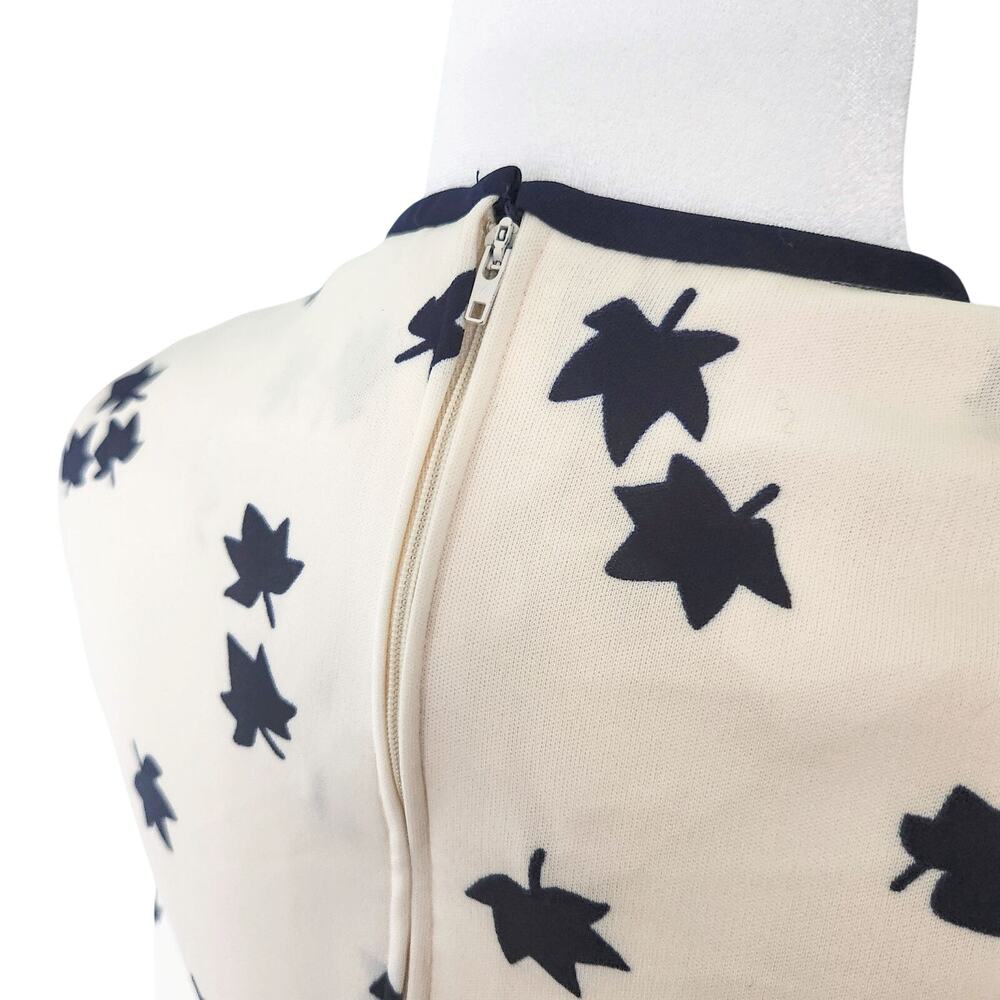Vintage 1970s Cream & Navy Long Sleeve Maple Leaf Print Midi Dress | Women's 4 - Picture 4 of 9